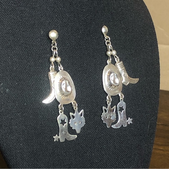 Vintage Sterling Silver Western Drop Dangle Hat Boots Spurs Coyote Post Earrings - Picture 9 of 10